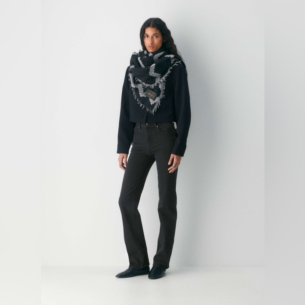 🩶Aritzia Wilfred Diamond Mosaic 100% Wool Blanket Scarf Shawl Black Gray OS EUC